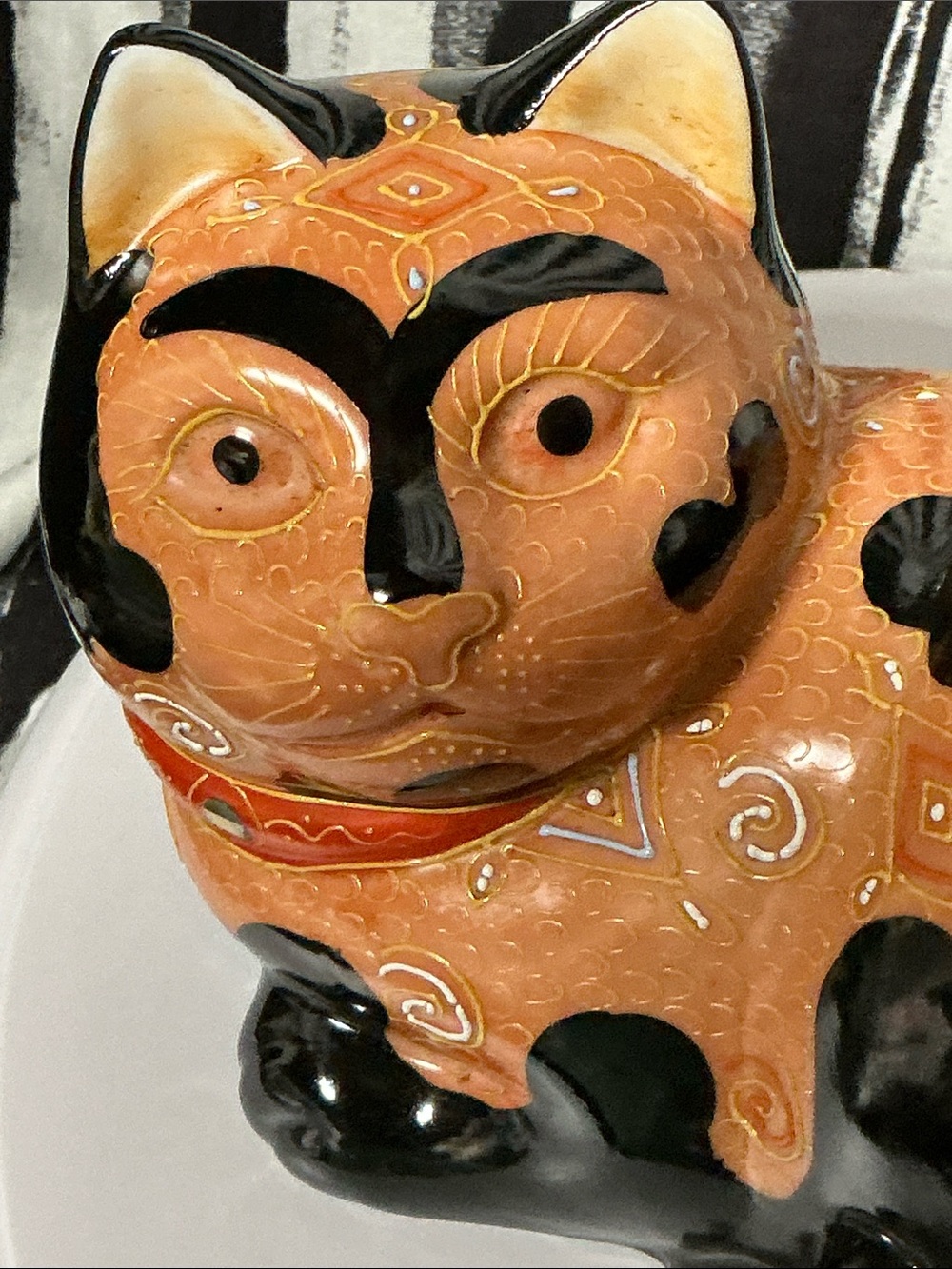 Vintage Porcelain Japanese Lucky Cat - Maneki Niko - Orange & Black